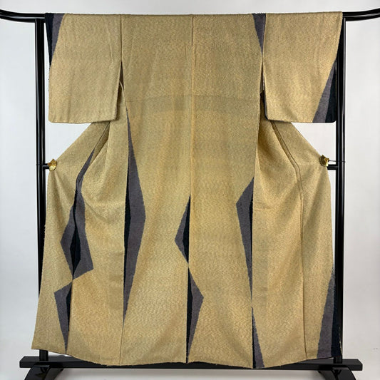 【美品】 付下 身長158.5cm 袖長64cm M 雙層 髭紬織織 幾何圖案 淺茶 純蠶絲 名品級