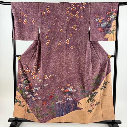 【美品】訪問服 身長158.5cm 袖長66.5cm M 雙層 落款あり 枝梅花 草花紋紋 染分 紫 純蠶絲 名品級