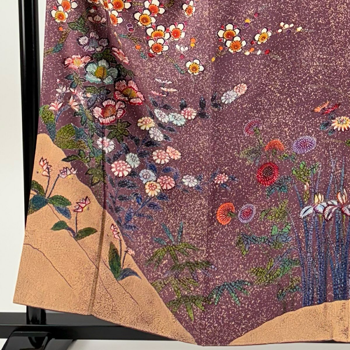 【美品】訪問服 身長158.5cm 袖長66.5cm M 雙層 落款あり 枝梅花 草花紋紋 染分 紫 純蠶絲 名品級