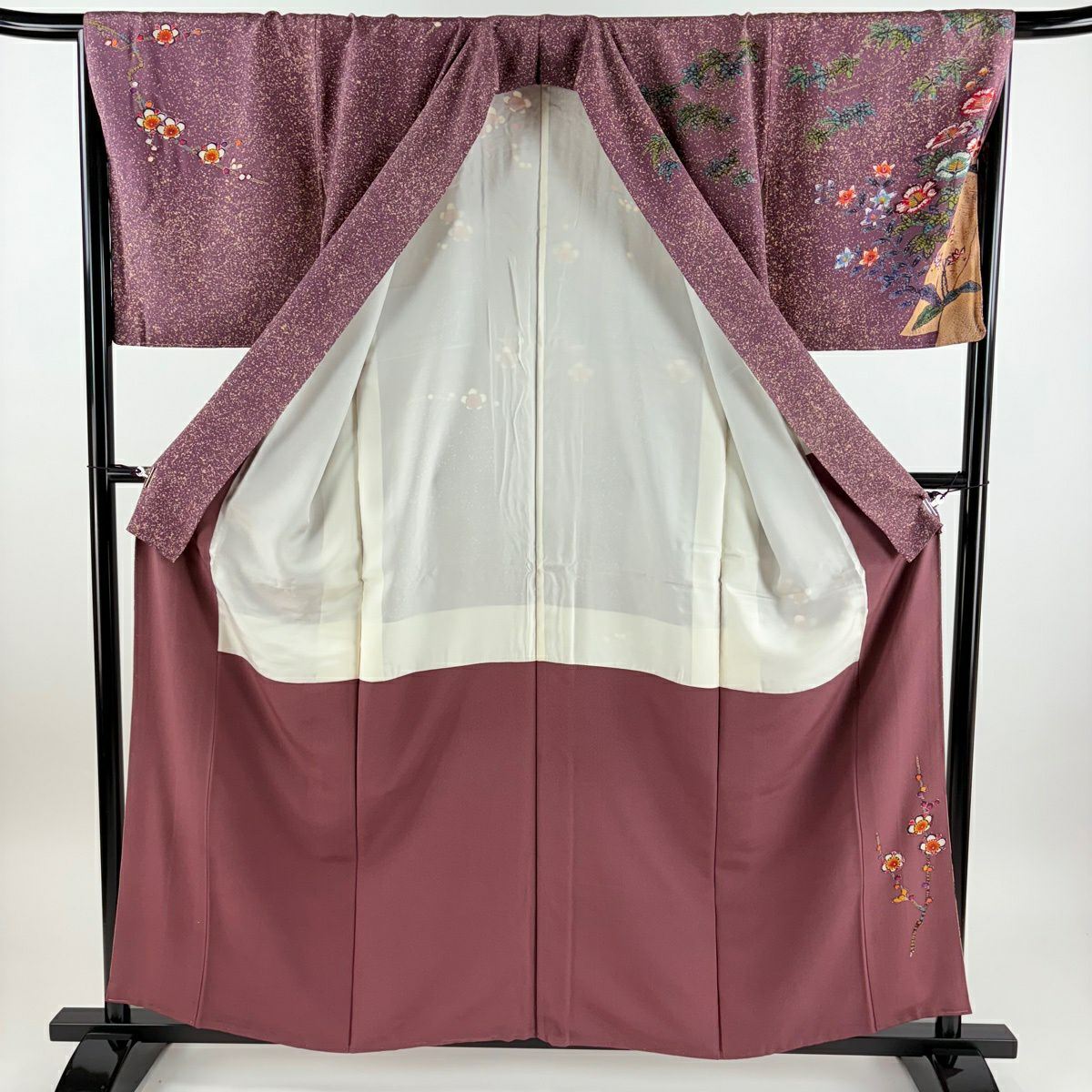 【美品】訪問服 身長158.5cm 袖長66.5cm M 雙層 落款あり 枝梅花 草花紋紋 染分 紫 純蠶絲 名品級