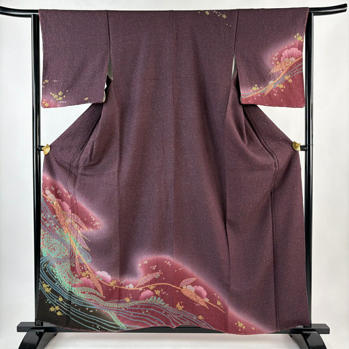 訪問服 身長159cm 袖長63.5cm S 雙層 流水 葉柄 銀通絞染 茶紫 純蠶絲 名品級