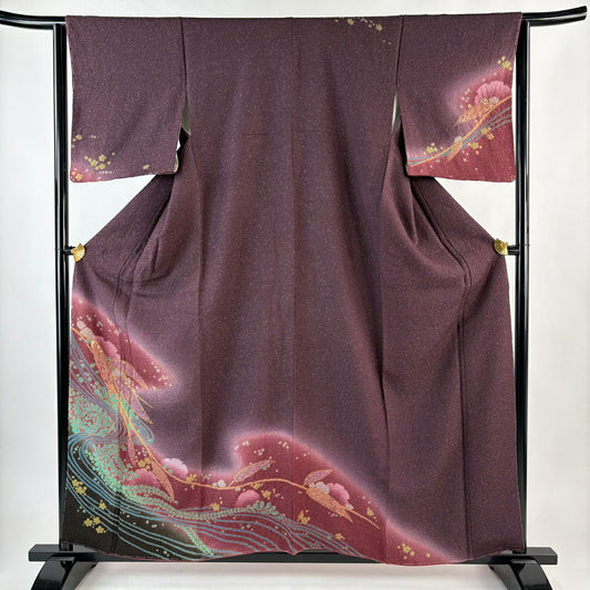 訪問服 身長159cm 袖長63.5cm S 雙層 流水 葉柄 銀通絞染 茶紫 純蠶絲 名品級