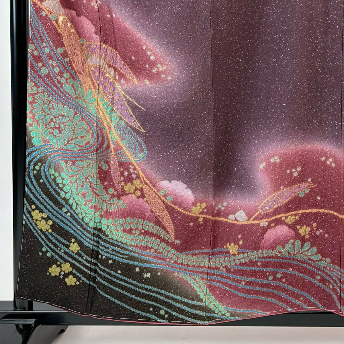 訪問服 身長159cm 袖長63.5cm S 雙層 流水 葉柄 銀通絞染 茶紫 純蠶絲 名品級