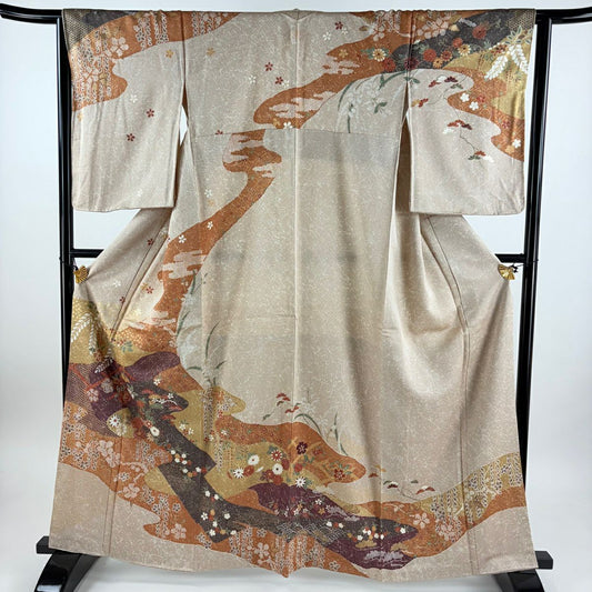 訪問服 身長162cm 袖長64cm M 雙層 霞 松樹梅花 金銀彩 灰茶 純蠶絲 名品級 一つ紋