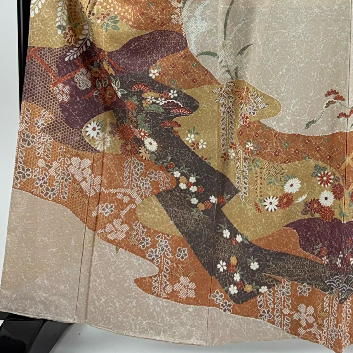 訪問服 身長162cm 袖長64cm M 雙層 霞 松樹梅花 金銀彩 灰茶 純蠶絲 名品級 一つ紋