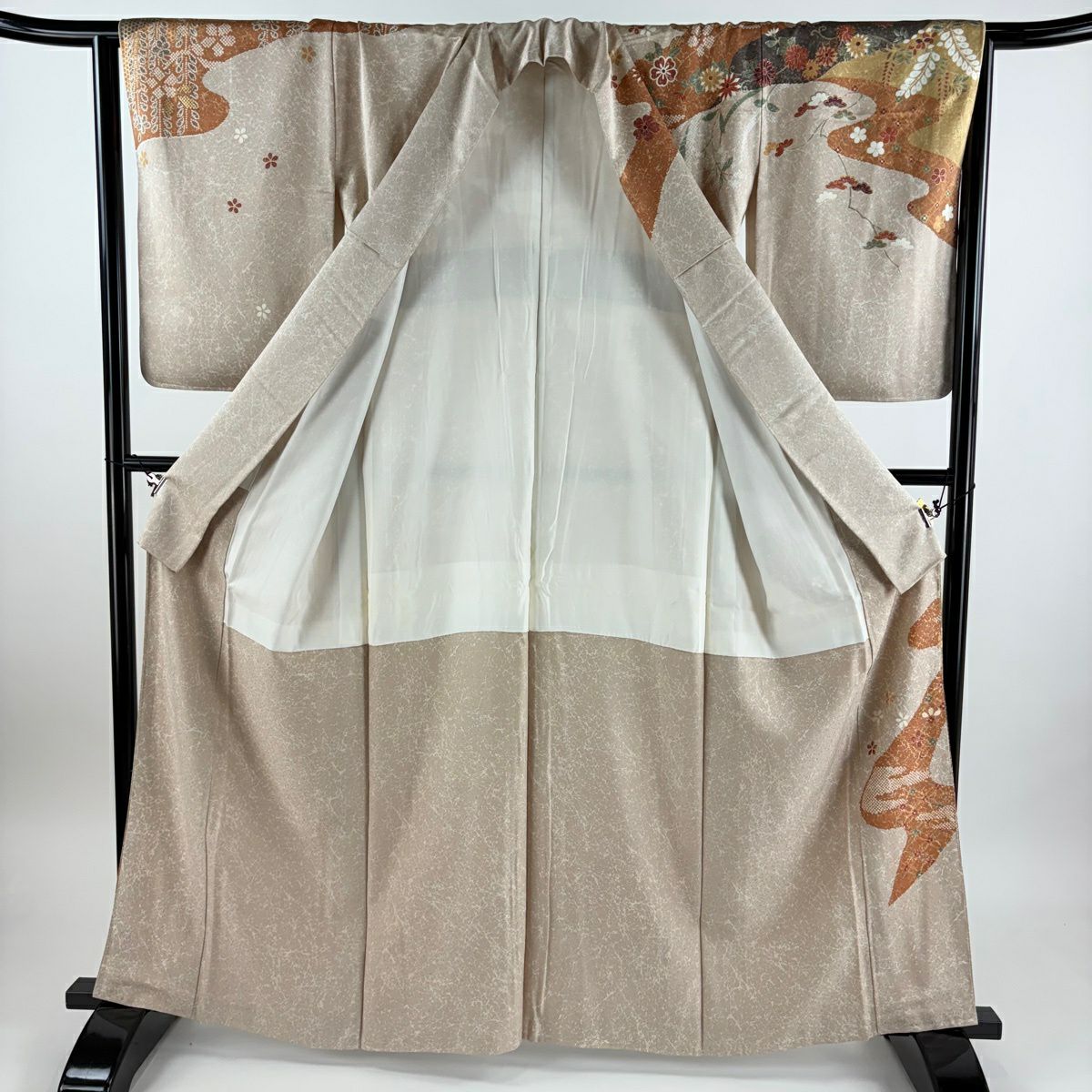 訪問服 身長162cm 袖長64cm M 雙層 霞 松樹梅花 金銀彩 灰茶 純蠶絲 名品級 一つ紋