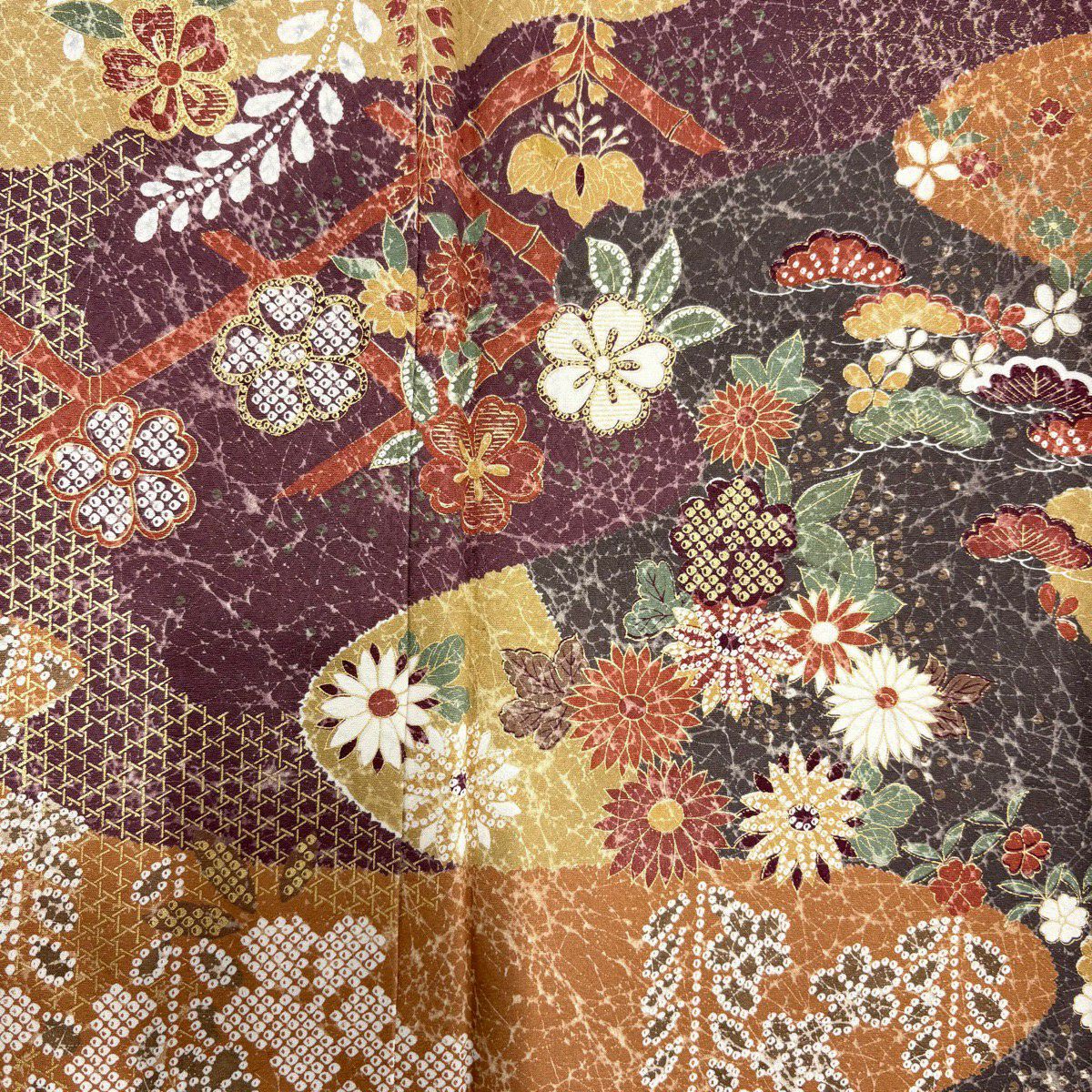 訪問服 身長162cm 袖長64cm M 雙層 霞 松樹梅花 金銀彩 灰茶 純蠶絲 名品級 一つ紋