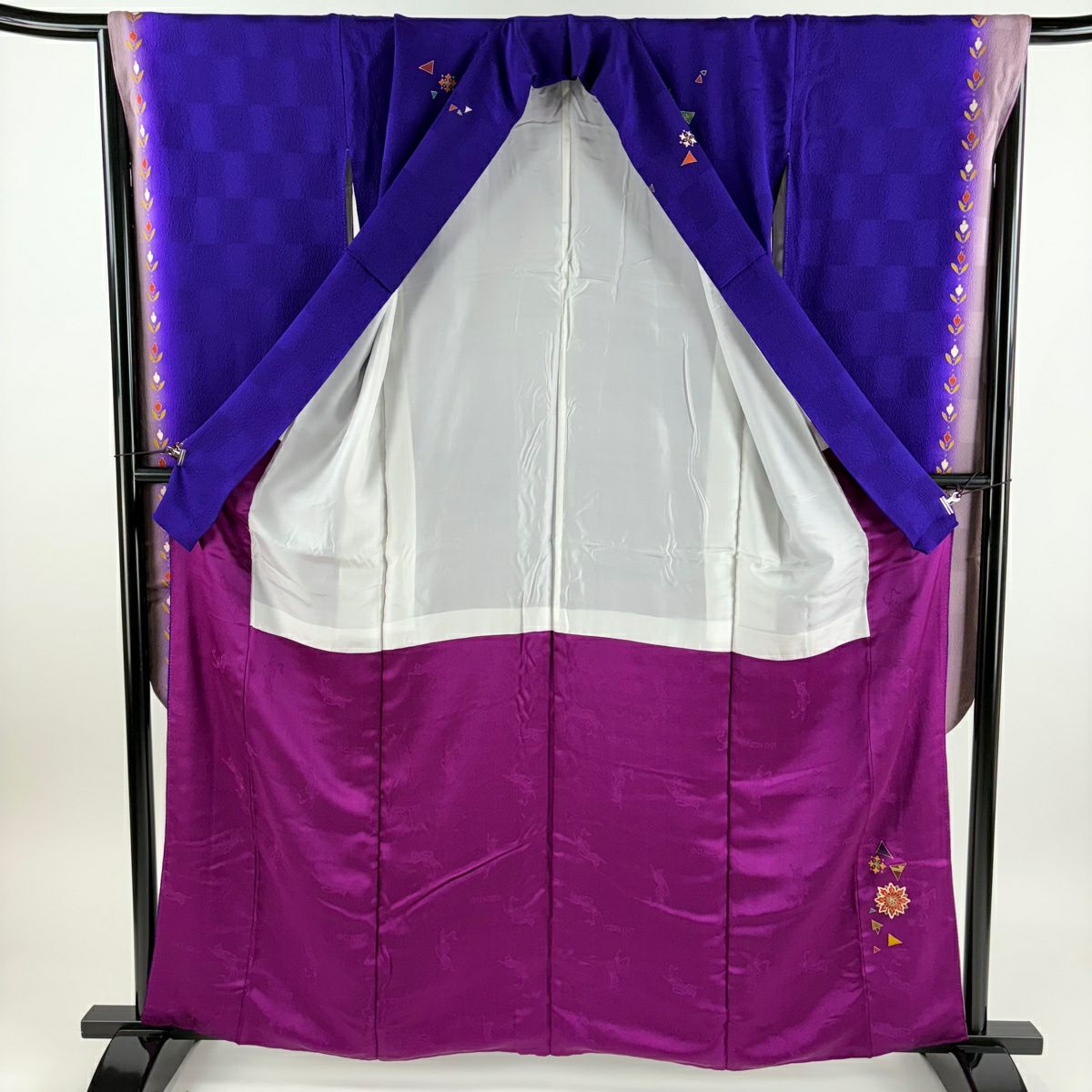 振袖禮服 身長160.5cm 袖長66cm M 雙層 千地泰弘 落款 華紋 幾何學 金銀彩 漸層 紫 純蠶絲 名品級