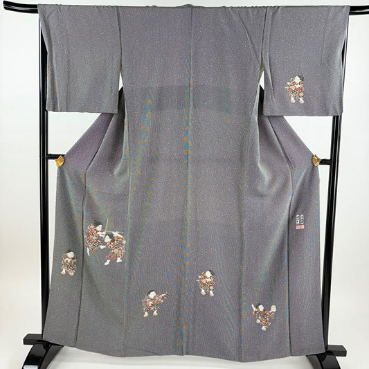 【美品】 付下 身長161.5cm 袖長67cm M 雙層 二代目 更甚 やまと 落款あり 童 縦縞 黑灰 純蠶絲 名品級