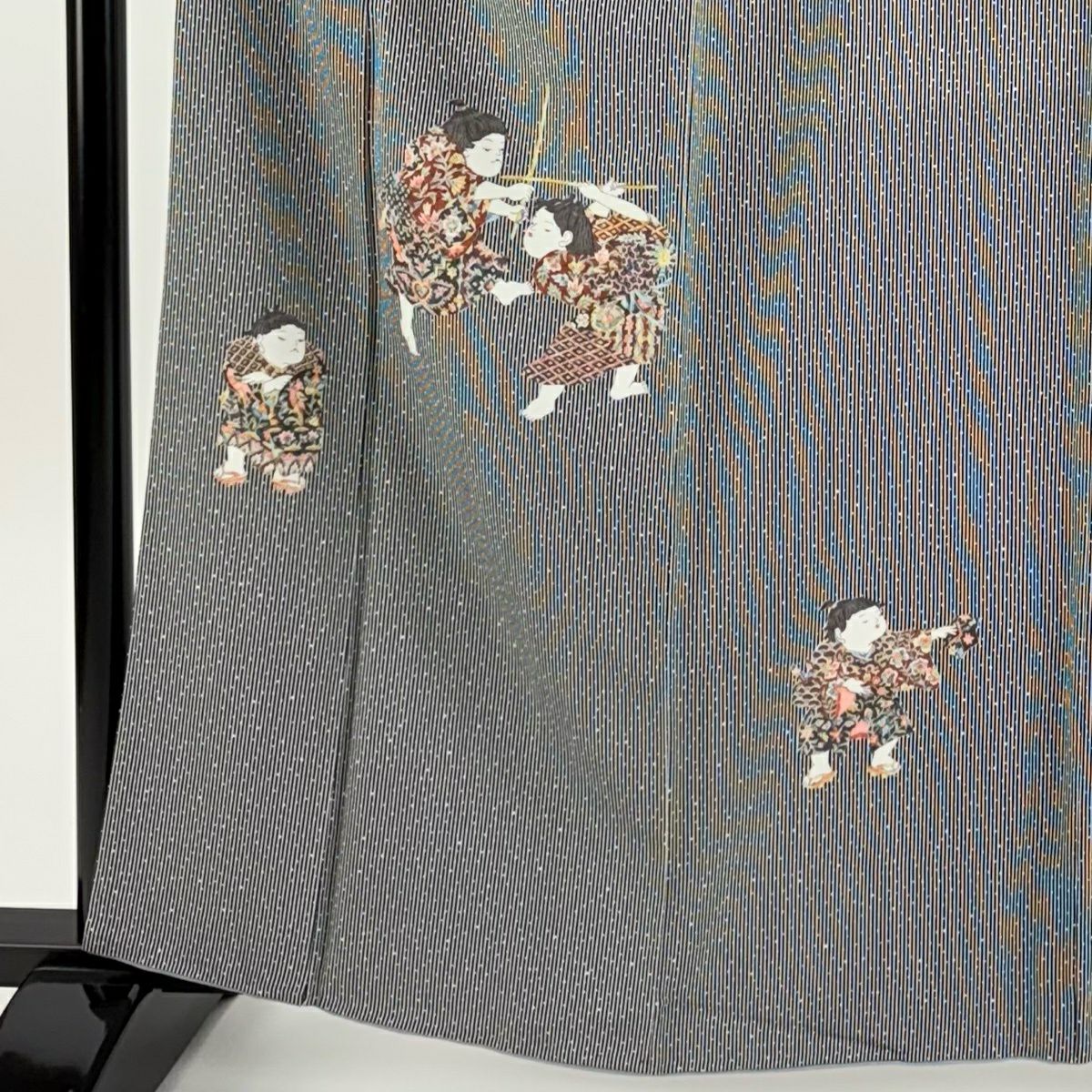【美品】 付下 身長161.5cm 袖長67cm M 雙層 二代目 更甚 やまと 落款あり 童 縦縞 黑灰 純蠶絲 名品級