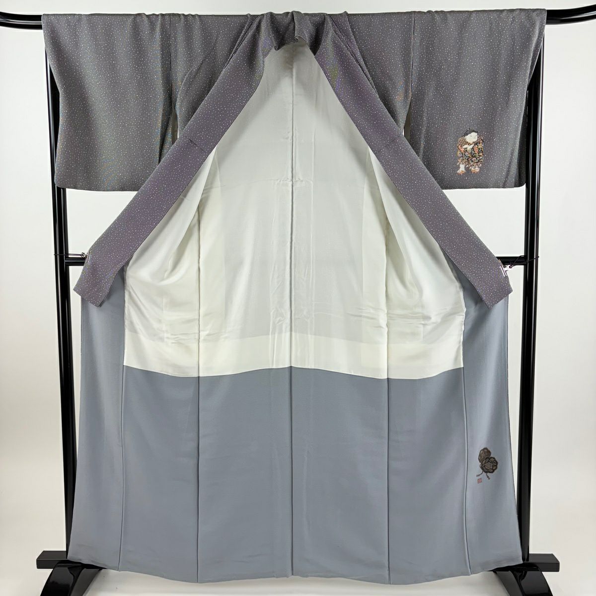 【美品】 付下 身長161.5cm 袖長67cm M 雙層 二代目 更甚 やまと 落款あり 童 縦縞 黑灰 純蠶絲 名品級