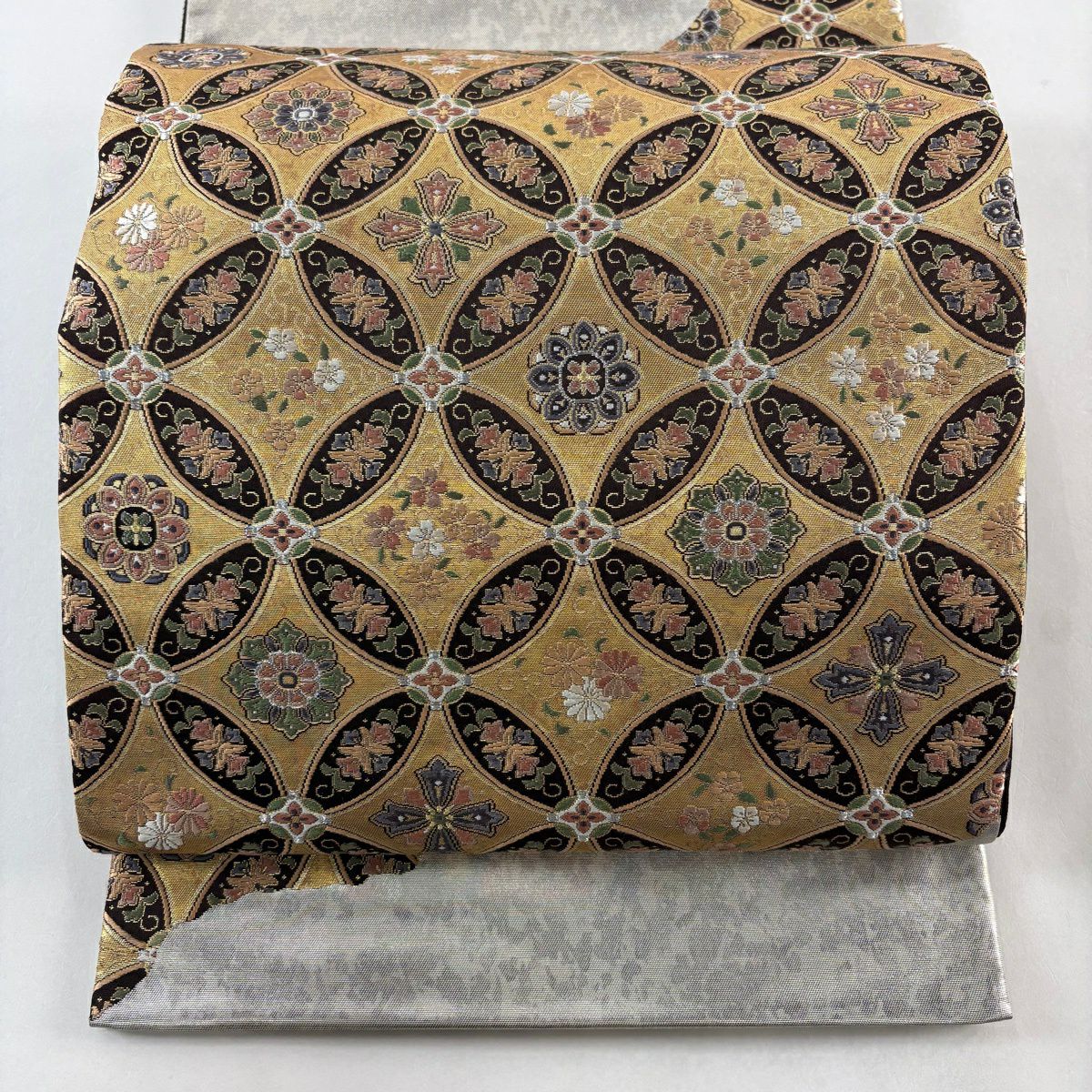 袋帶 名品級 七寶 華紋 金銀絲 金金箔 金色 大鼓圖案 純蠶絲