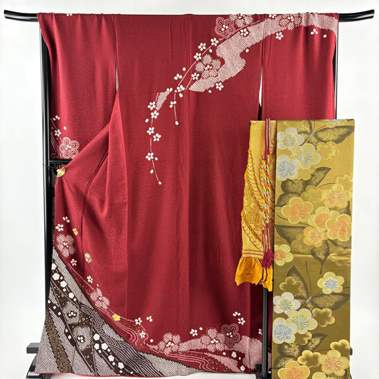 振袖禮服 身長169.5cm 袖長69.5cm L 雙層 袋帶全套 糸卷 梅花 金絲 絞染 深紅 純蠶絲 優品級