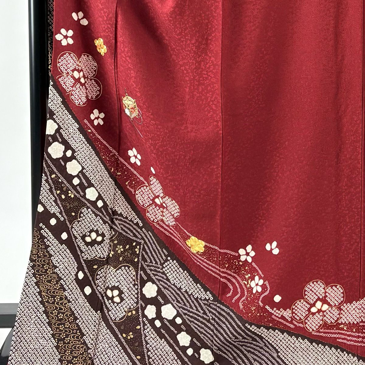 振袖禮服 身長169.5cm 袖長69.5cm L 雙層 袋帶全套 糸卷 梅花 金絲 絞染 深紅 純蠶絲 優品級