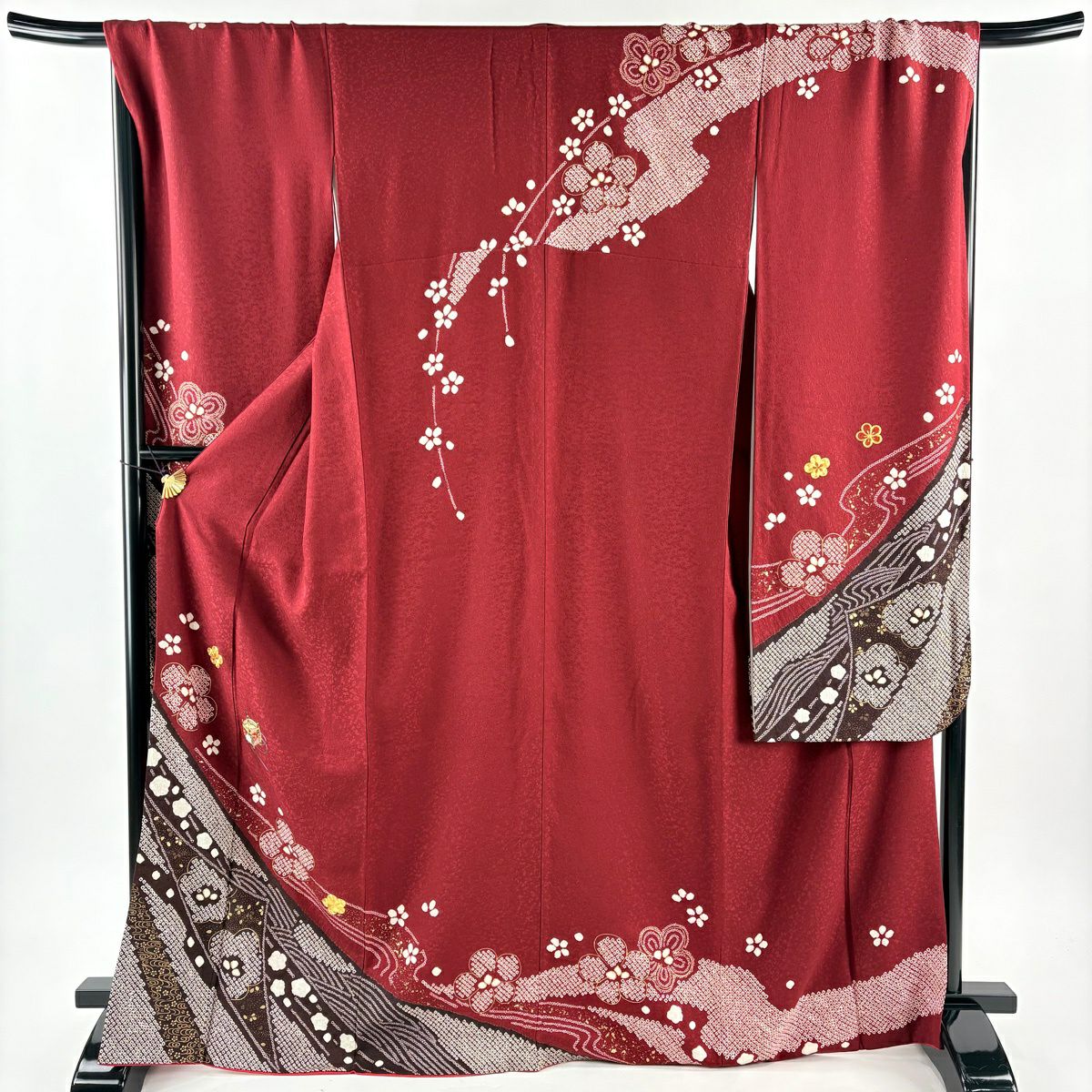 振袖禮服 身長169.5cm 袖長69.5cm L 雙層 袋帶全套 糸卷 梅花 金絲 絞染 深紅 純蠶絲 優品級