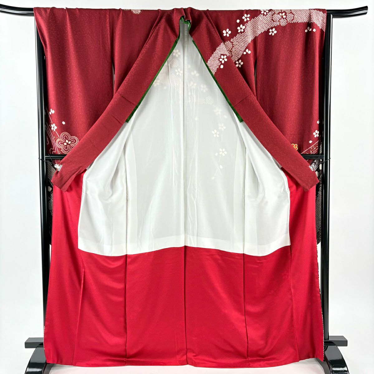 振袖禮服 身長169.5cm 袖長69.5cm L 雙層 袋帶全套 糸卷 梅花 金絲 絞染 深紅 純蠶絲 優品級
