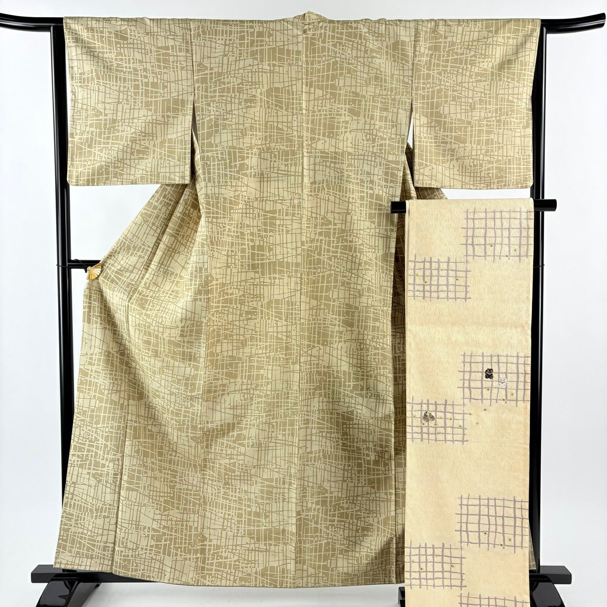 【美品】 小紋 身長161cm 袖長64cm M 雙層 袋帶套裝 紬織織 幾何圖案 黃土 純蠶絲 名品級
