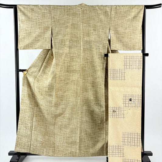 【美品】 小紋 身長161cm 袖長64cm M 雙層 袋帶套裝 紬織織 幾何圖案 黃土 純蠶絲 名品級