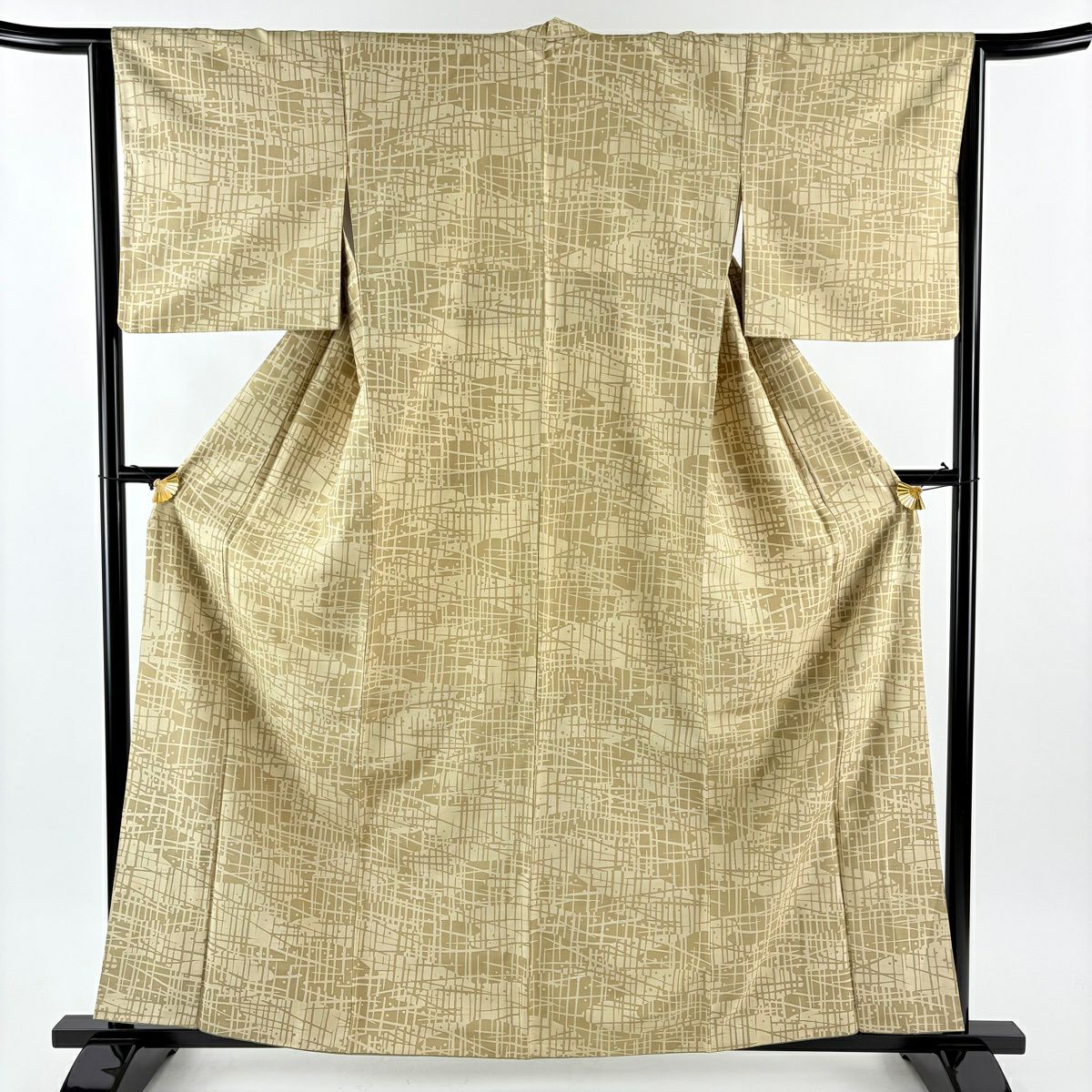 【美品】 小紋 身長161cm 袖長64cm M 雙層 袋帶套裝 紬織織 幾何圖案 黃土 純蠶絲 名品級