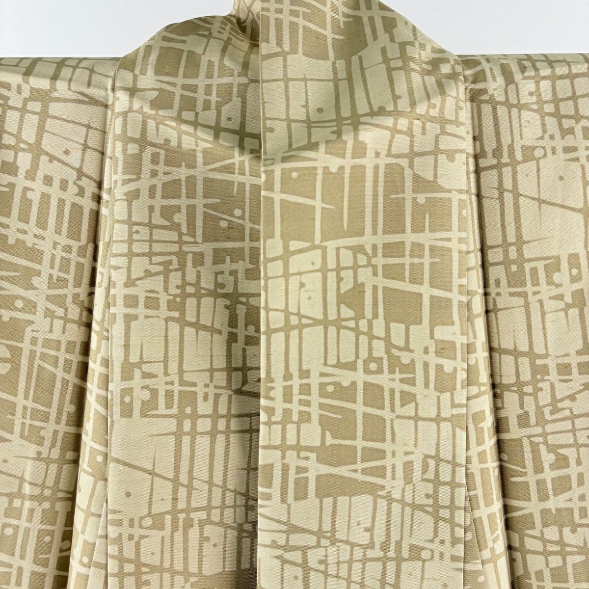 【美品】 小紋 身長161cm 袖長64cm M 雙層 袋帶套裝 紬織織 幾何圖案 黃土 純蠶絲 名品級