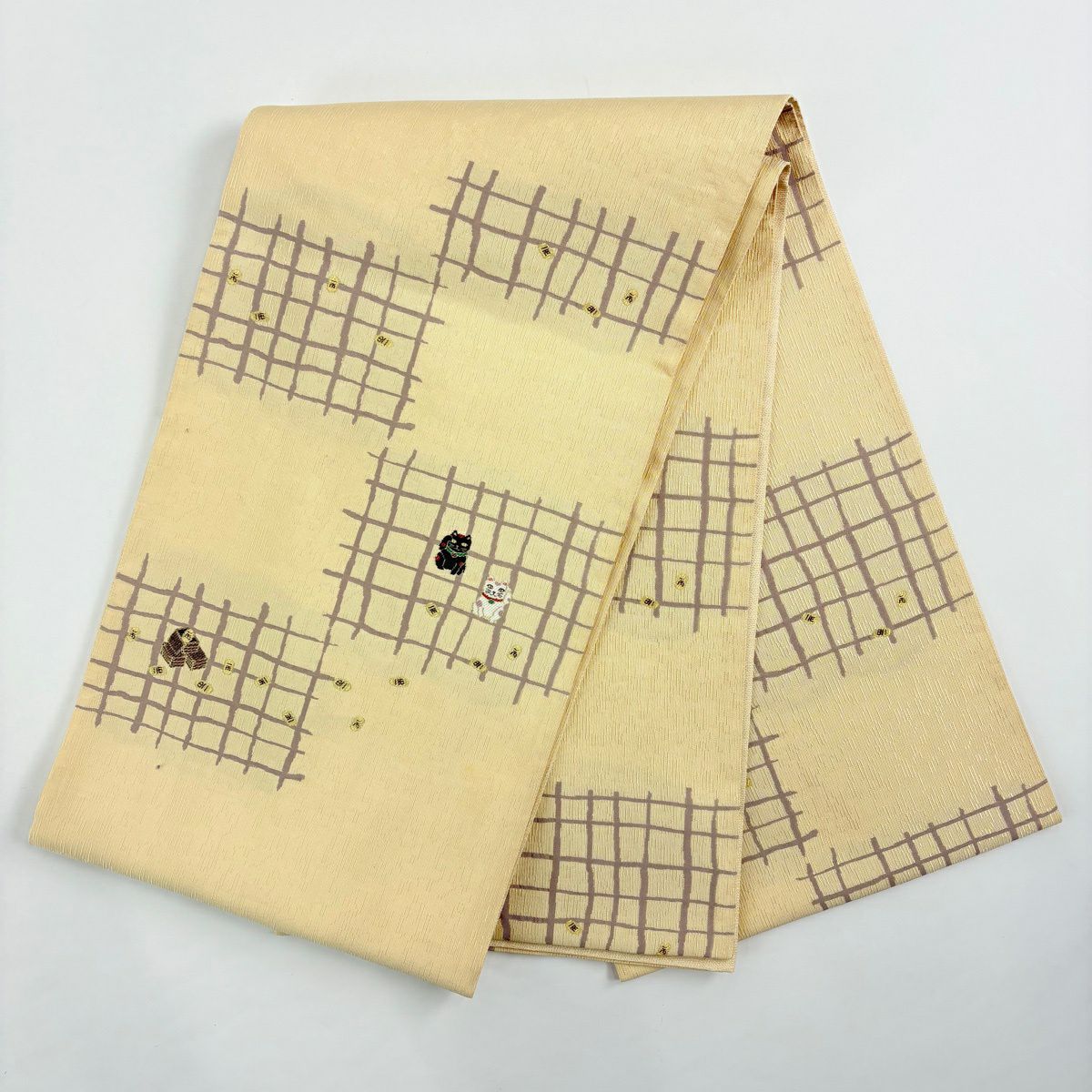 【美品】 小紋 身長161cm 袖長64cm M 雙層 袋帶套裝 紬織織 幾何圖案 黃土 純蠶絲 名品級