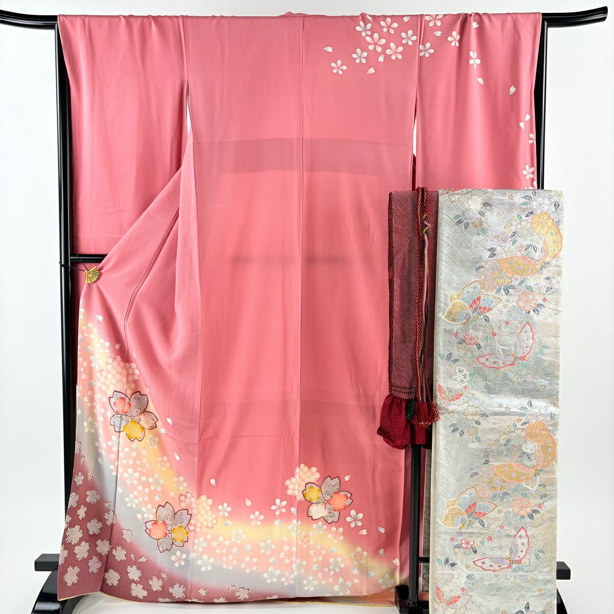 振袖禮服 身長171cm 袖長67.5cm L 雙層 袋帶全套 櫻花花瓣 金彩裝飾 漸層 粉色 純蠶絲 名品級