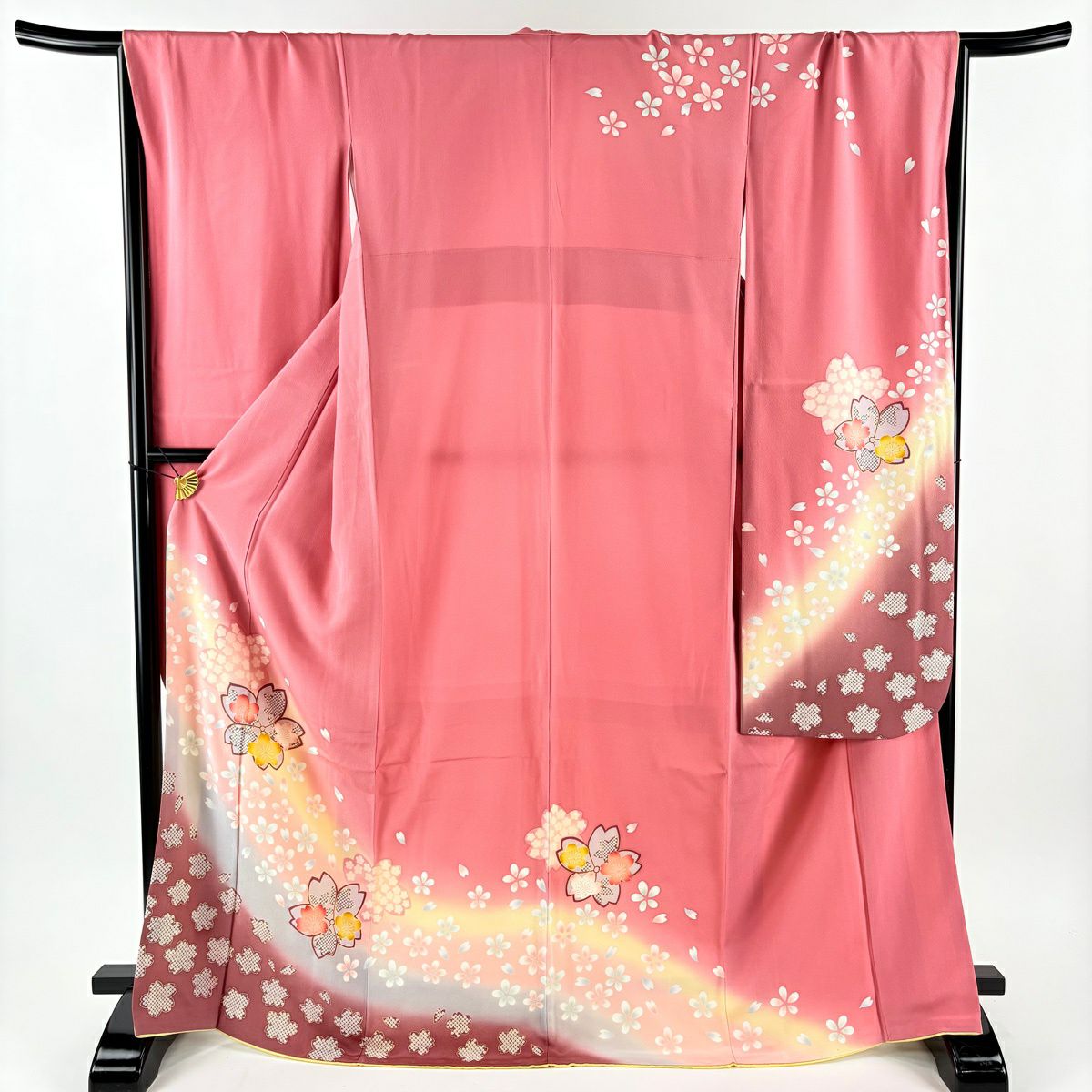 振袖禮服 身長171cm 袖長67.5cm L 雙層 袋帶全套 櫻花花瓣 金彩裝飾 漸層 粉色 純蠶絲 名品級