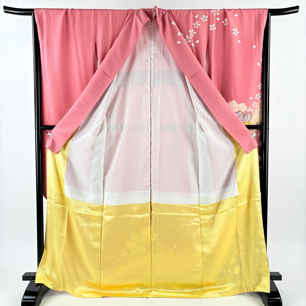 振袖禮服 身長171cm 袖長67.5cm L 雙層 袋帶全套 櫻花花瓣 金彩裝飾 漸層 粉色 純蠶絲 名品級
