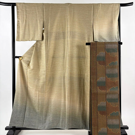 【美品】 付下 身長159cm 袖長64cm M 雙層 袋帶套裝 霞暈染 地紋 淺茶 純蠶絲 優品級