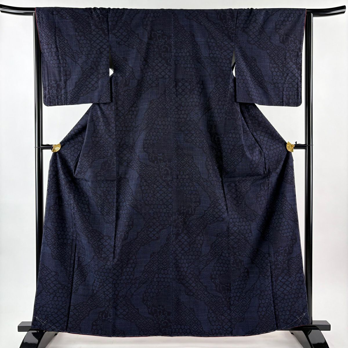 【美品】結城紬織 身長163cm 袖長65.5cm M 雙層 本場結城紬織 奥順 證書齊全 七寶 龜甲絣 深藍 純蠶絲 逸品級