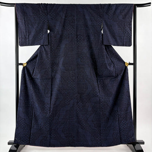 【美品】結城紬織 身長163cm 袖長65.5cm M 雙層 本場結城紬織 奥順 證書齊全 七寶 龜甲絣 深藍 純蠶絲 逸品級