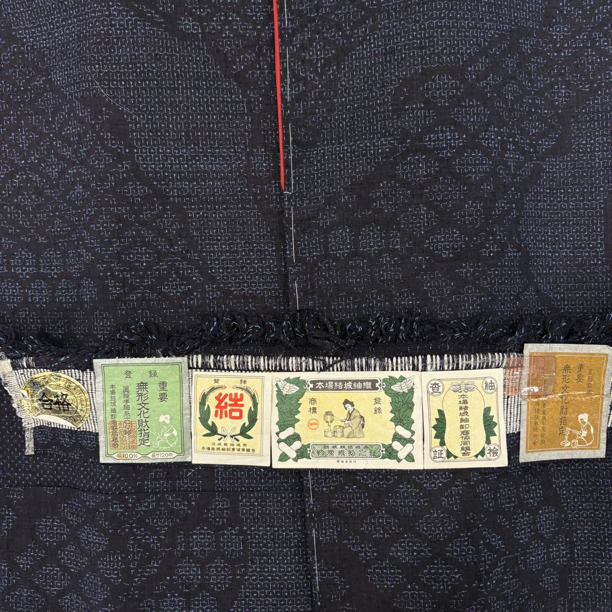 【美品】結城紬織 身長163cm 袖長65.5cm M 雙層 本場結城紬織 奥順 證書齊全 七寶 龜甲絣 深藍 純蠶絲 逸品級