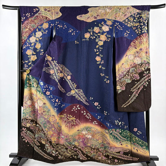 【美品】振袖禮服 身長162cm 袖長67.5cm L 雙層 辻花染 菱紋 金通し 金銀彩 紫 純蠶絲 逸品級