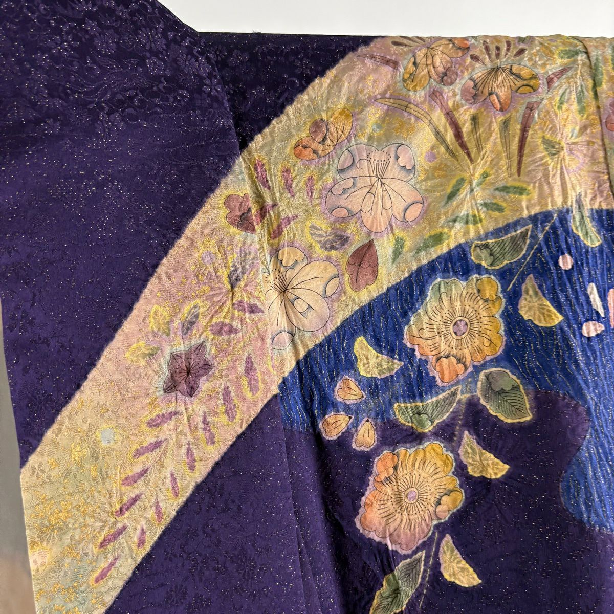 【美品】振袖禮服 身長162cm 袖長67.5cm L 雙層 辻花染 菱紋 金通し 金銀彩 紫 純蠶絲 逸品級