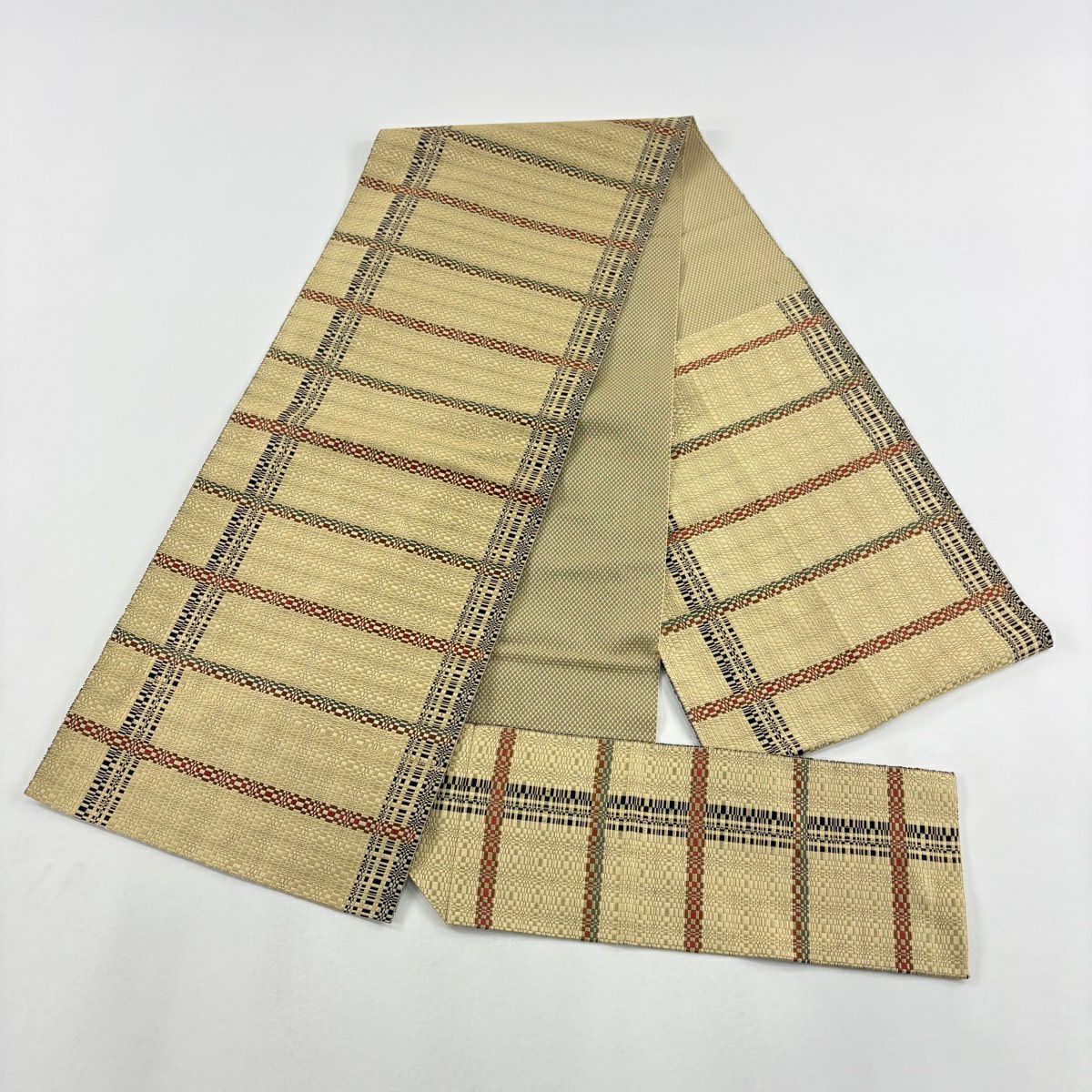 名古屋帶 優品級 八寸名古屋帶 松樹葉仕立 雙層 縞 變市松樹 薄茶 純蠶絲