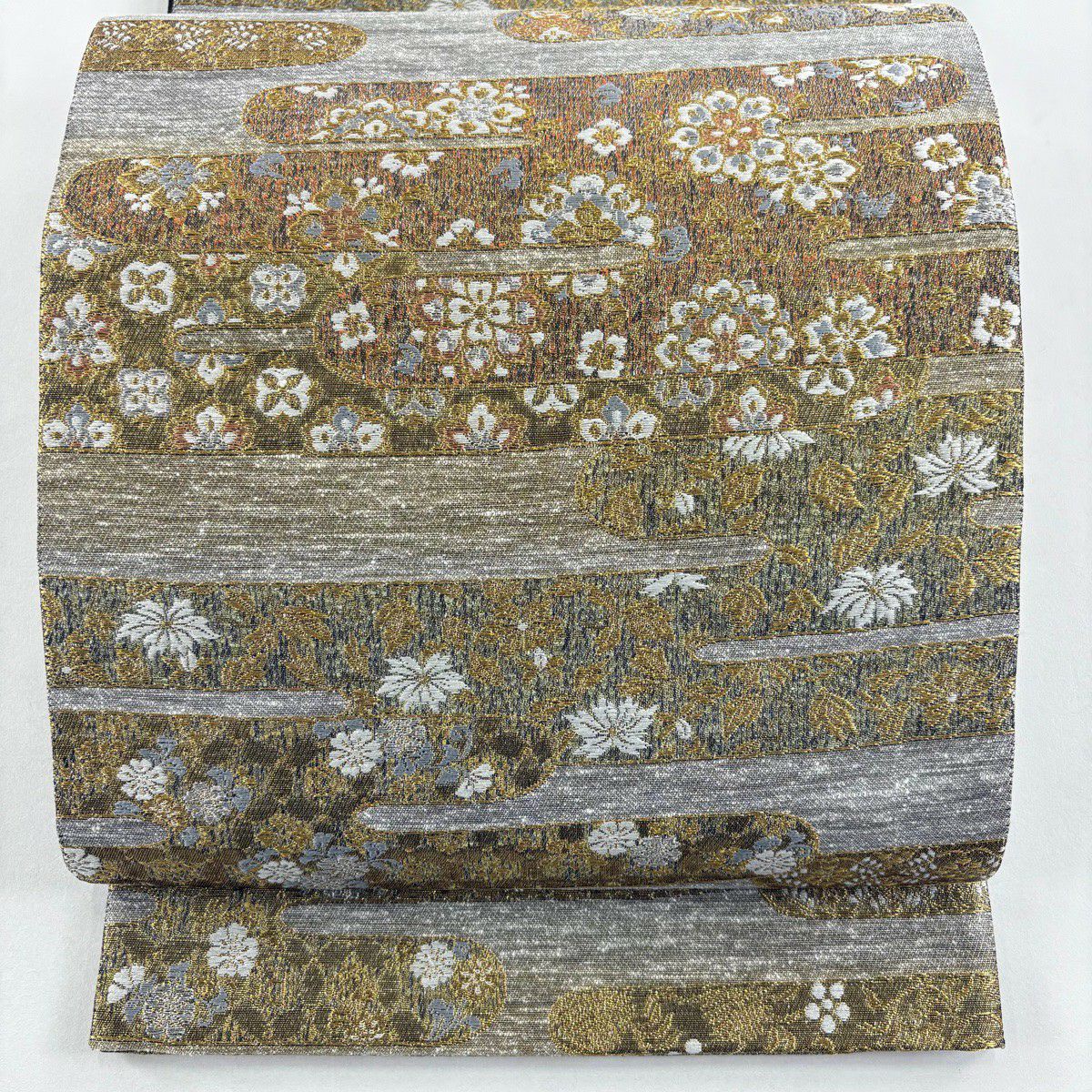 【美品】 袋帶 秀品級 鈴乃屋 華紋 ヱ霞 金銀絲 金金箔 金色 六通 純蠶絲