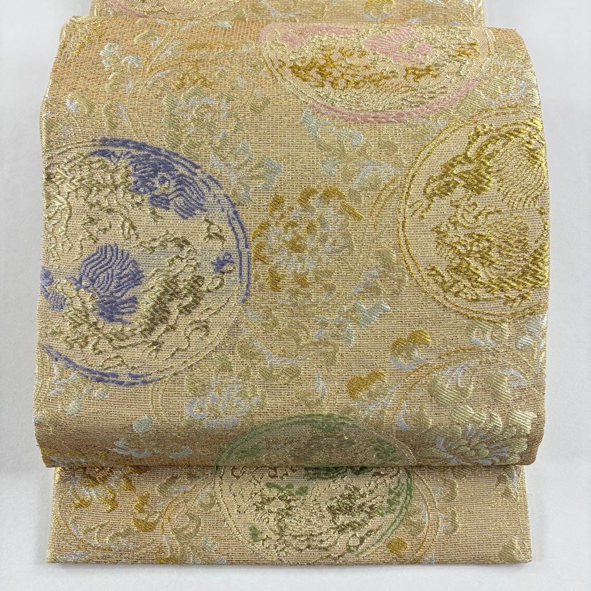 【美品】 袋帶 秀品級 花唐草紋 圓文 唐織 金銀線 金 六通 純蠶絲