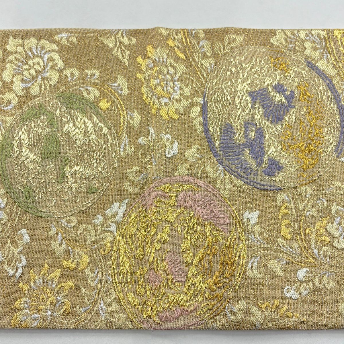 【美品】 袋帶 秀品級 花唐草紋 圓文 唐織 金銀線 金 六通 純蠶絲