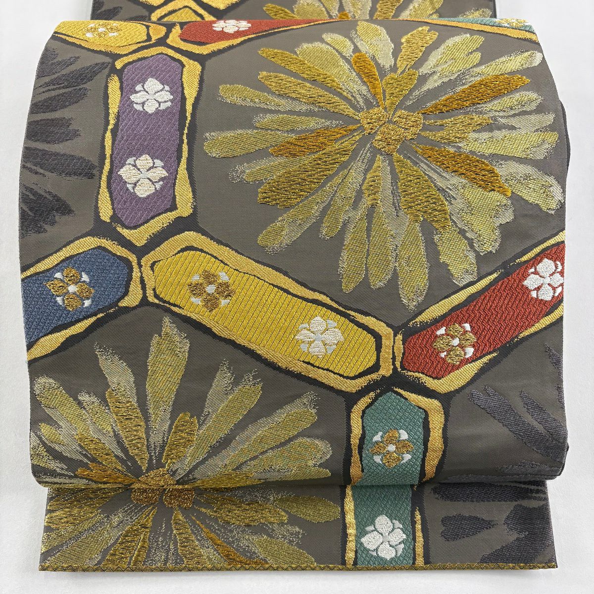 【美品】 袋帶 秀品級 關西仕立 若松樹 龜甲 金絲 金金箔 灰茶 六通 純蠶絲