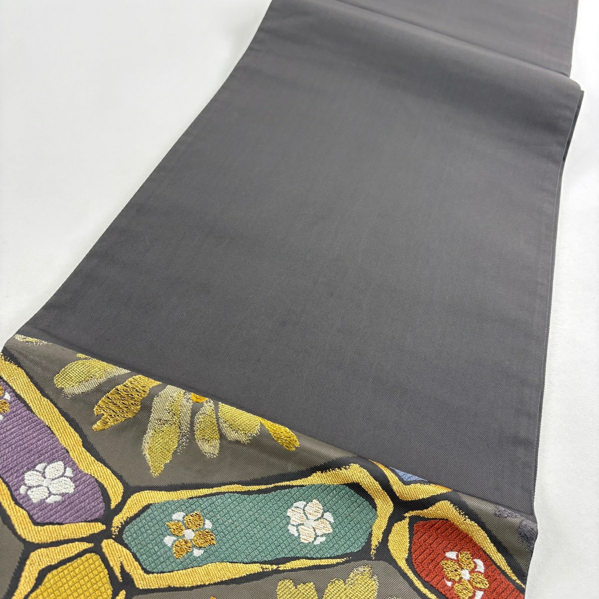 【美品】 袋帶 秀品級 關西仕立 若松樹 龜甲 金絲 金金箔 灰茶 六通 純蠶絲