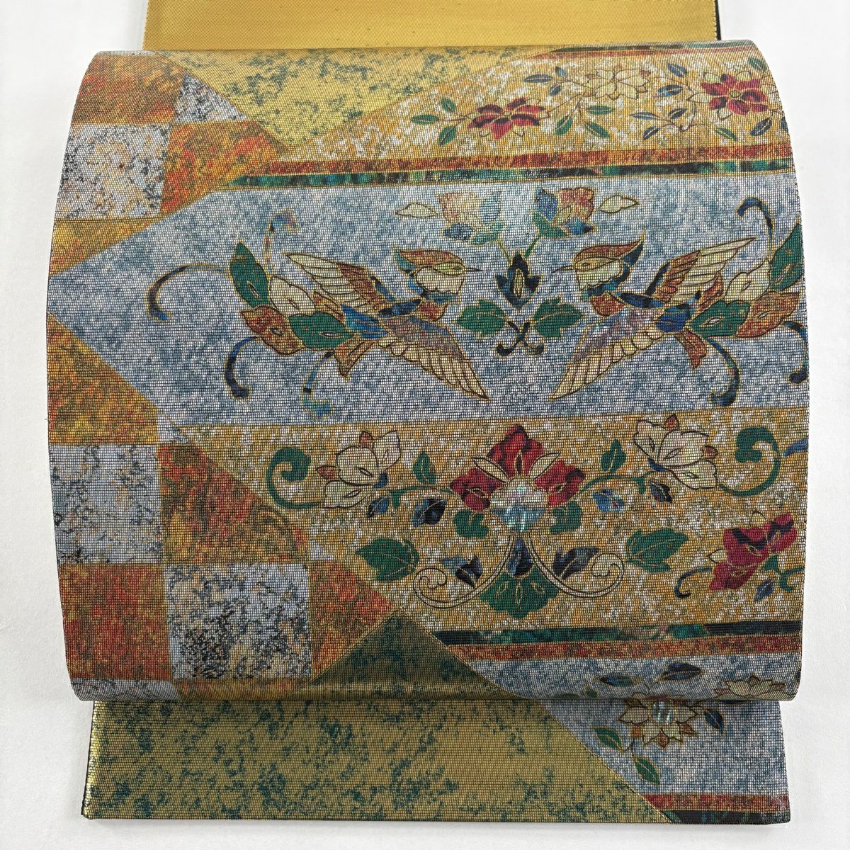 【美品】 袋帶 秀品級 花鳥 花唐草紋 金金箔 青灰 純蠶絲