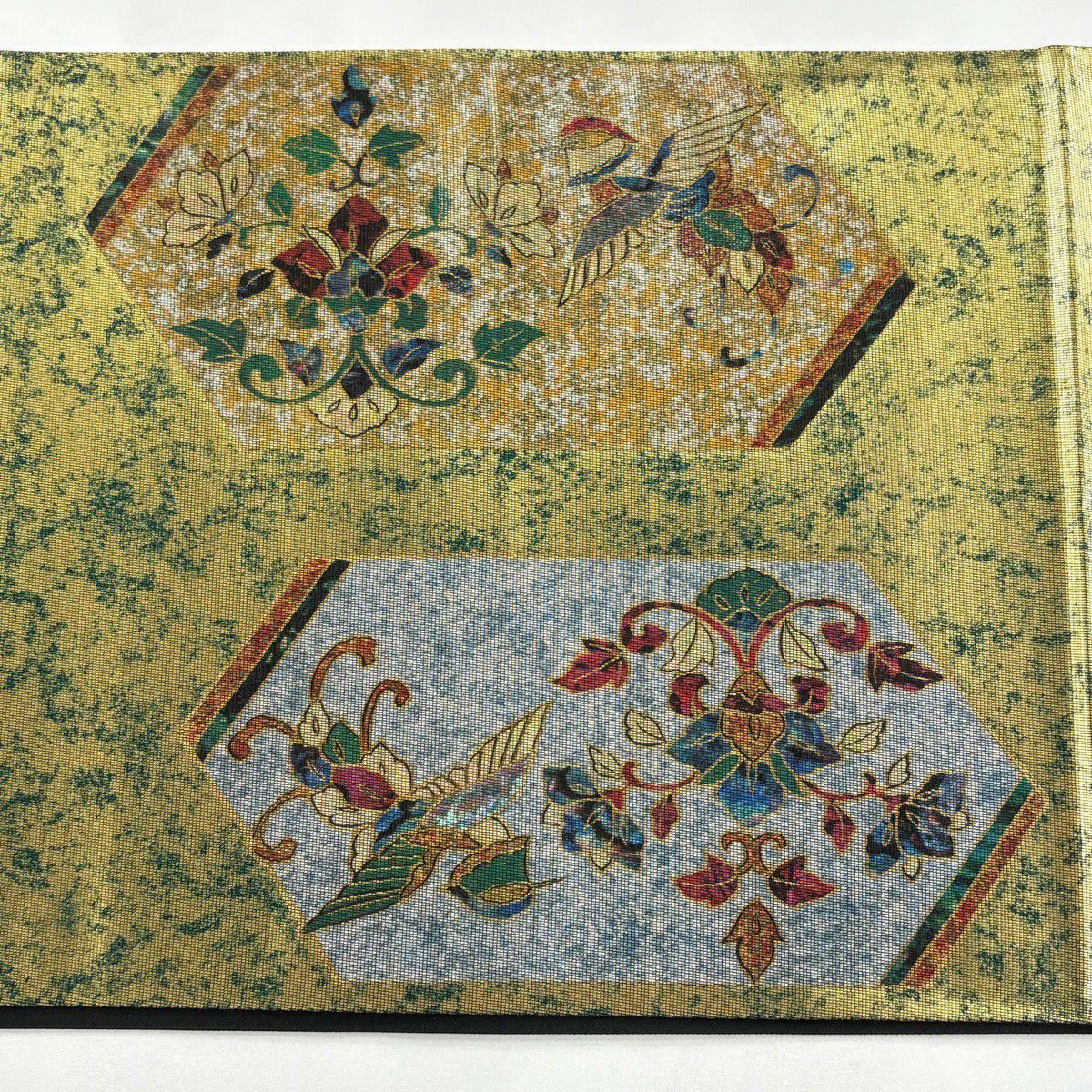 【美品】 袋帶 秀品級 花鳥 花唐草紋 金金箔 青灰 純蠶絲