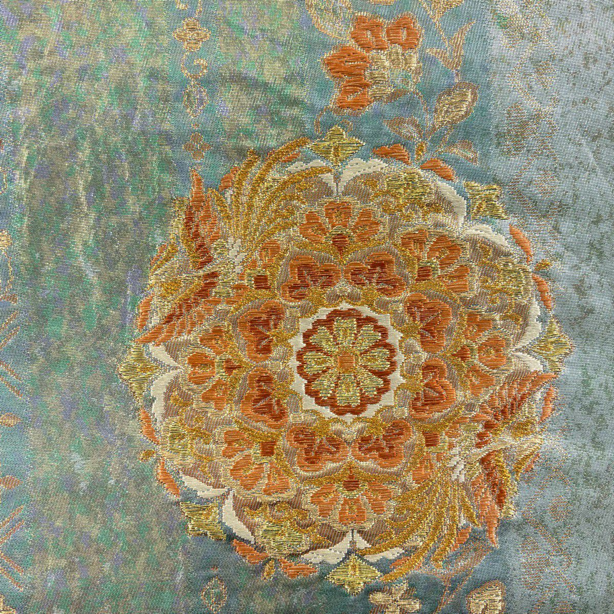 袋帶 秀品級 關西仕立 華紋 花唐草紋 金糸 金金箔 青灰 六通 純蠶絲