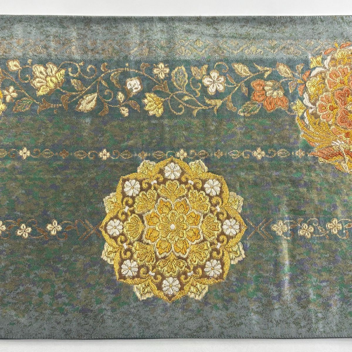 袋帶 秀品級 關西仕立 華紋 花唐草紋 金糸 金金箔 青灰 六通 純蠶絲