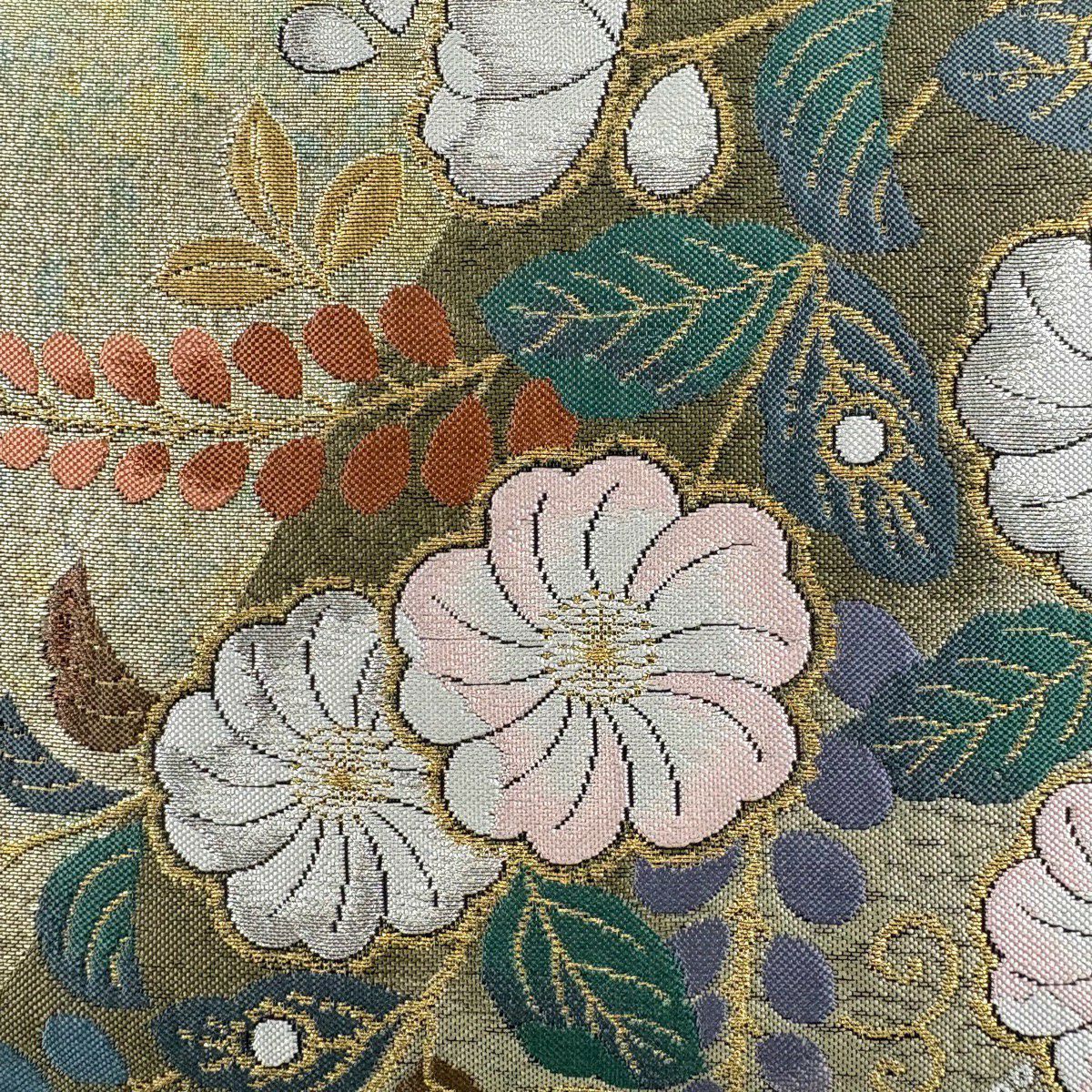 袋帶 秀品級 辻花染 草花紋紋 金銀彩 金金箔 山吹茶 純蠶絲