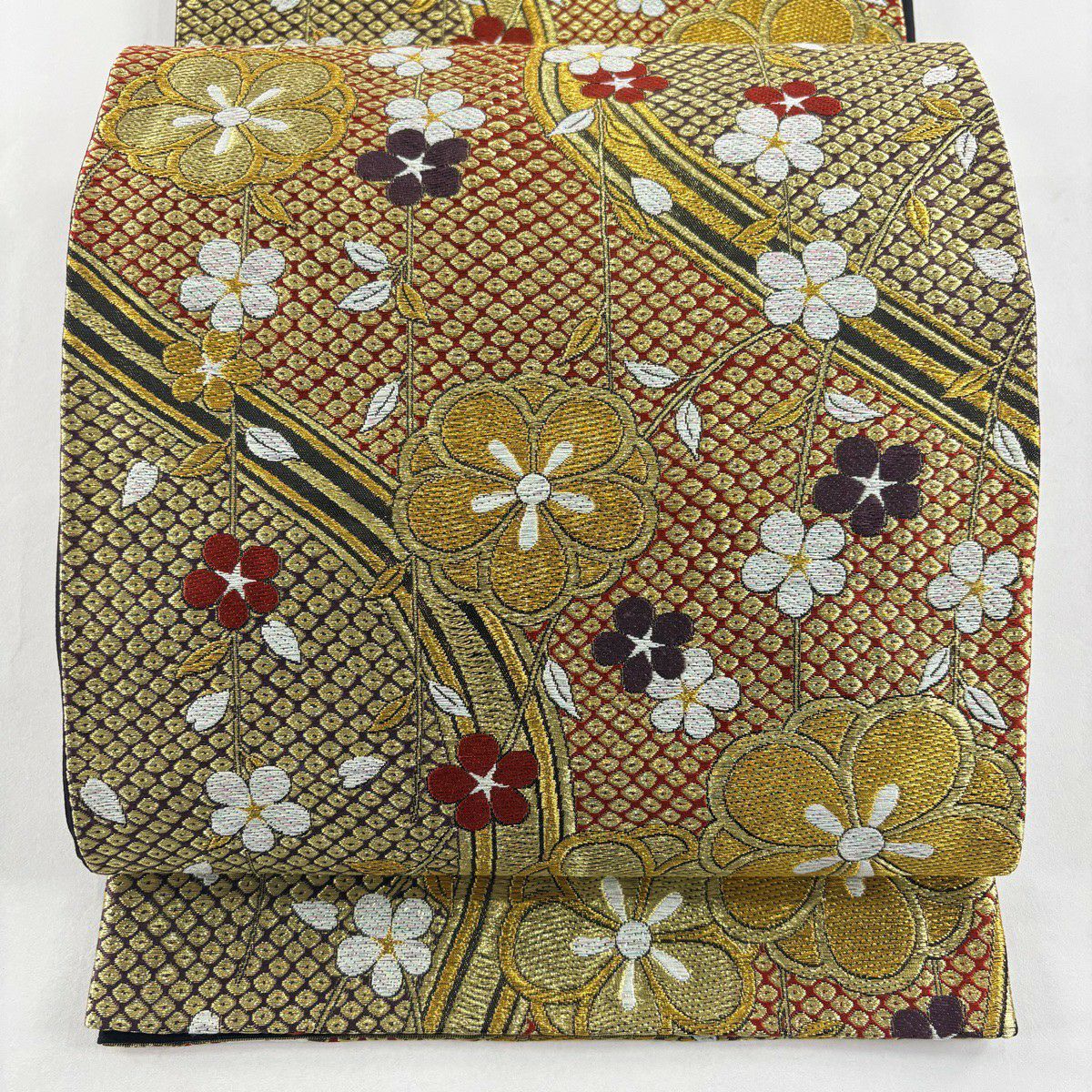 【美品】 袋帶 秀品級 梅花 疋田 金銀絲 金金箔 金色 六通 純蠶絲