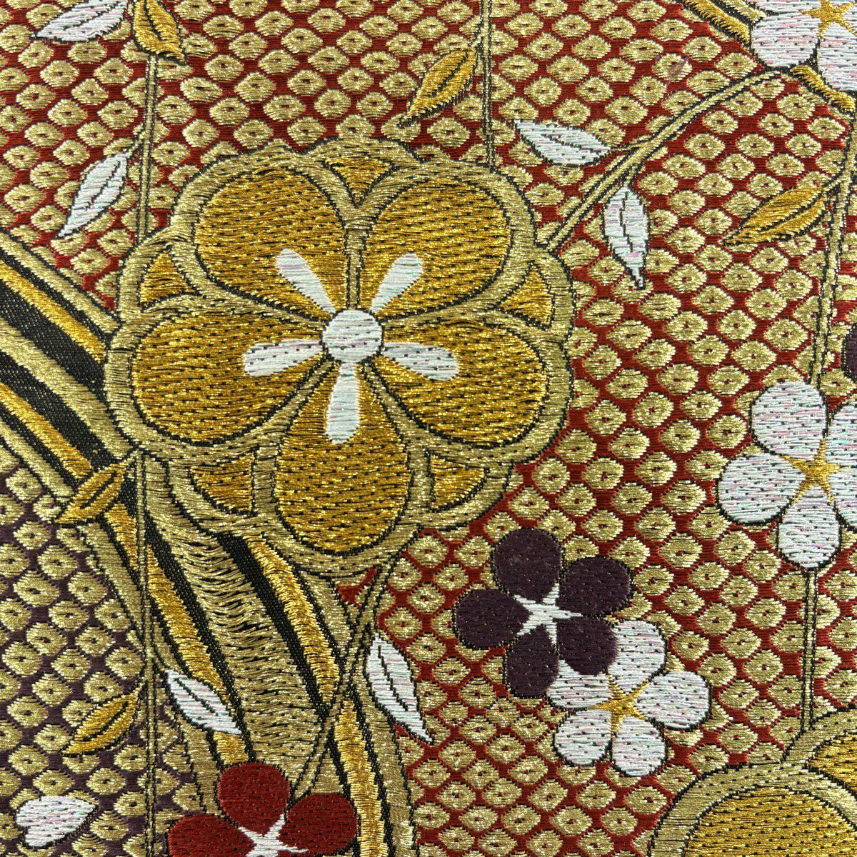 【美品】 袋帶 秀品級 梅花 疋田 金銀絲 金金箔 金色 六通 純蠶絲