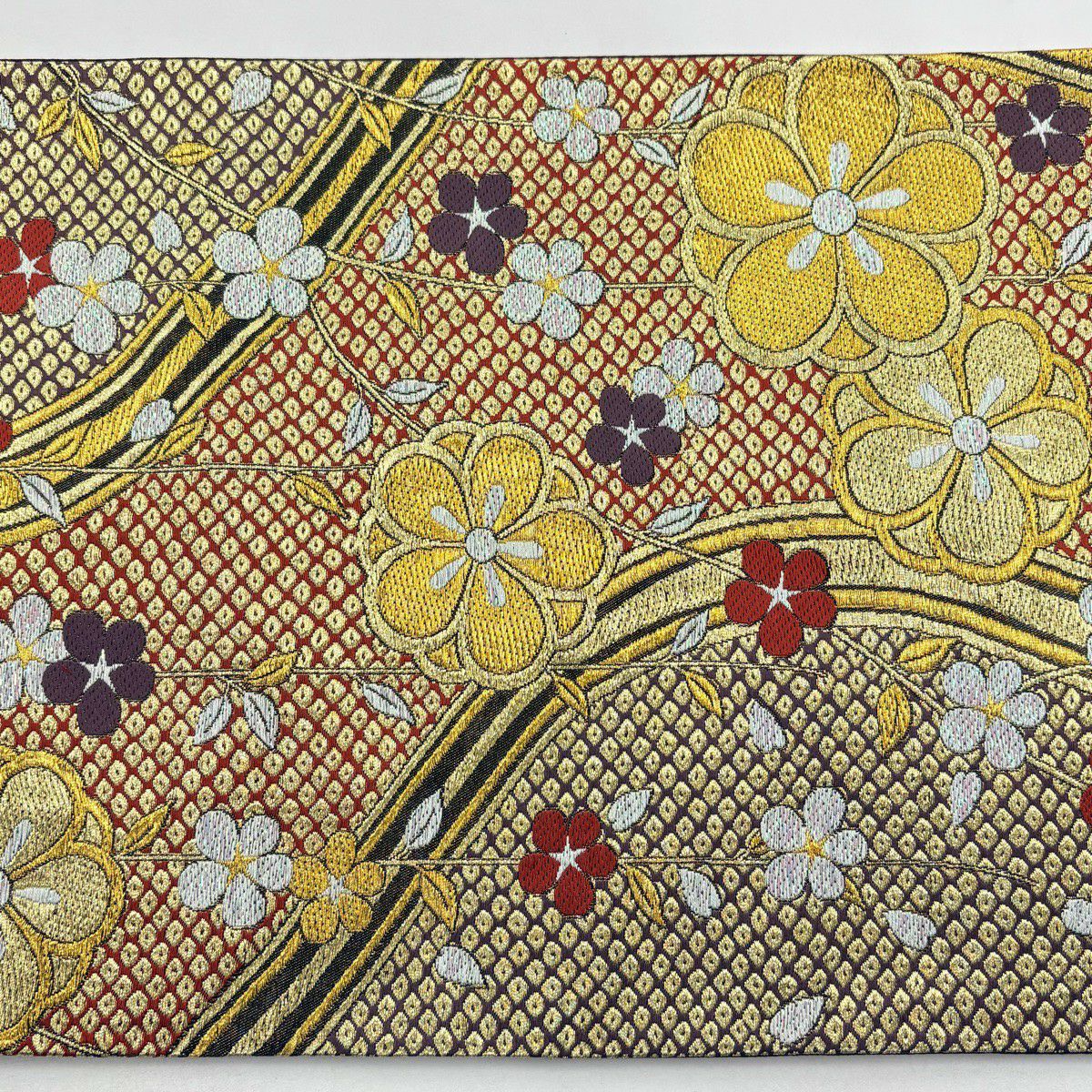 【美品】 袋帶 秀品級 梅花 疋田 金銀絲 金金箔 金色 六通 純蠶絲