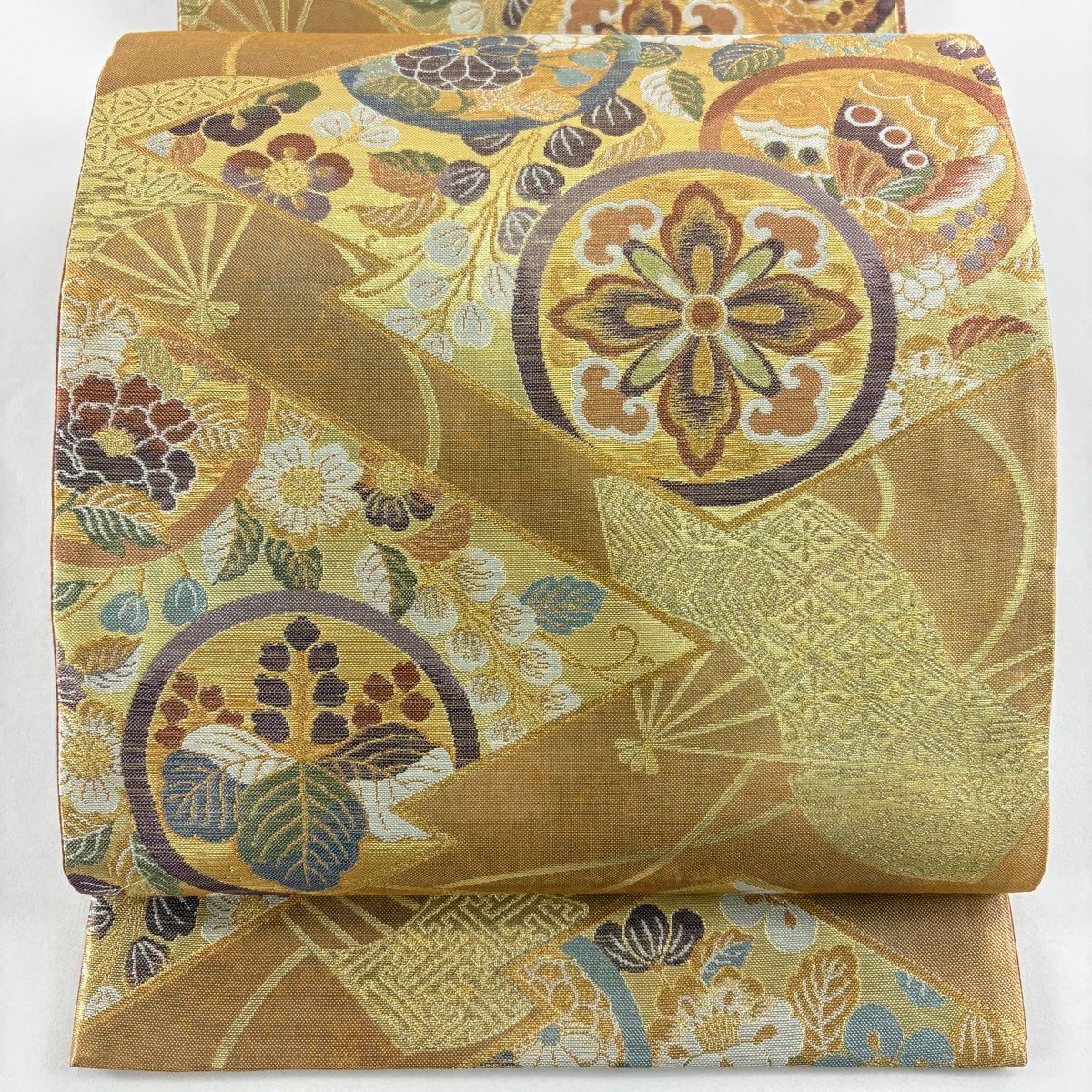 【美品】 袋帶 秀品級 寶永錦 鎌倉文 草花紋紋 金金箔 金線 淺橙色 六通 純蠶絲