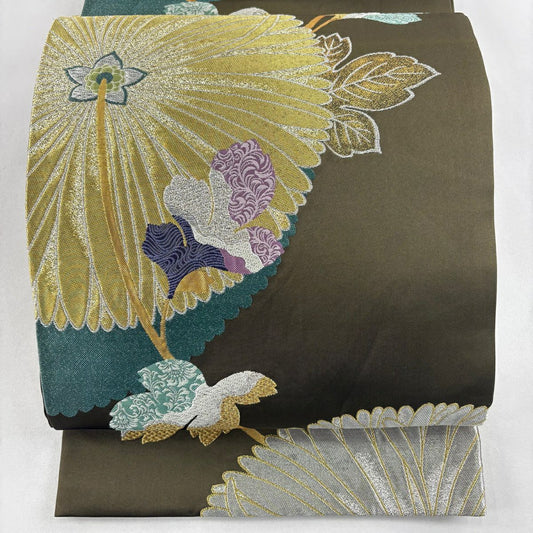 袋帶 秀品級 菊花 唐織 金銀彩 茶綠 六通 純蠶絲